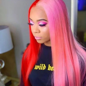 Ombre Pink & Red Straight Lace Front Wig